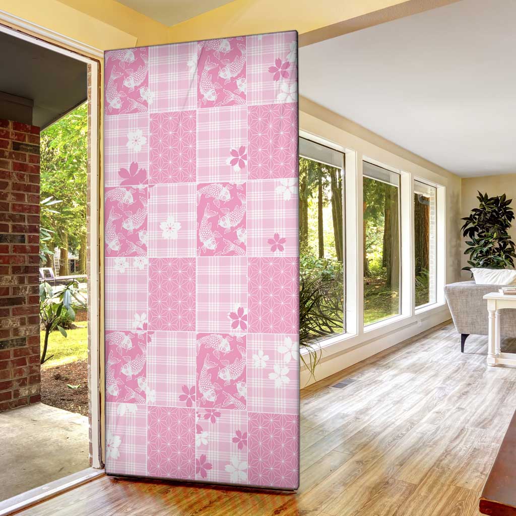 Pink Palaka Japanese Patterns Door Cover Koi Fish Asanoha Sakura Patchwork Stylized - Polynesian Pride