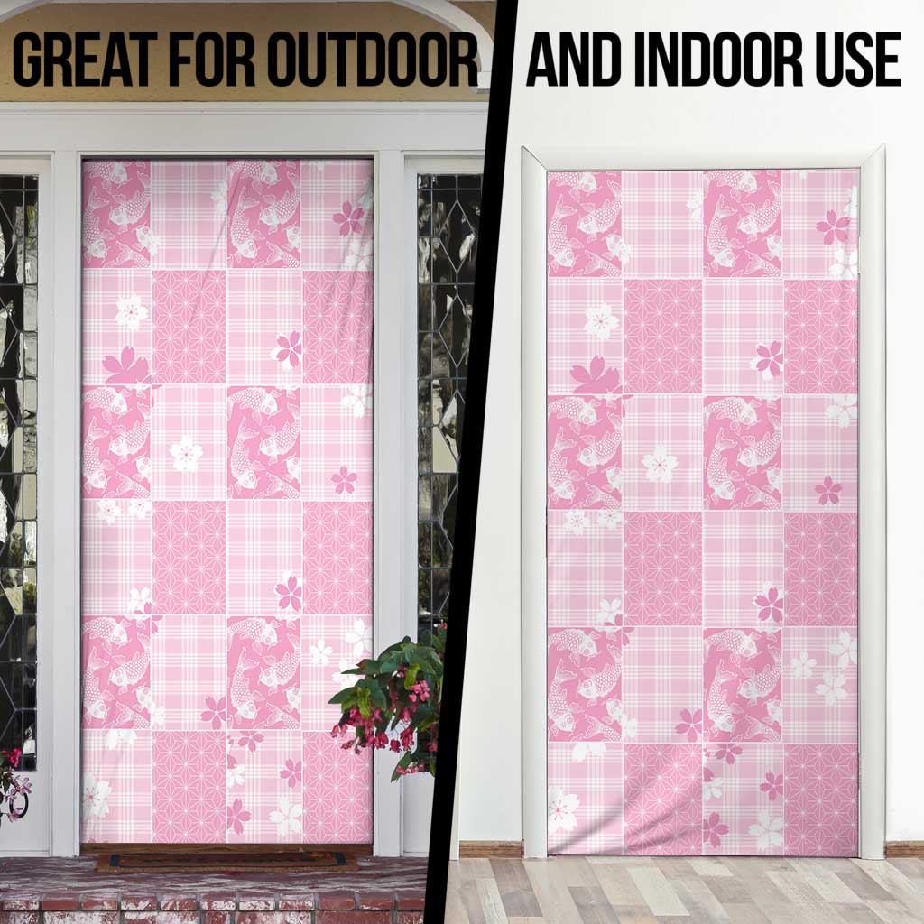 Pink Palaka Japanese Patterns Door Cover Koi Fish Asanoha Sakura Patchwork Stylized - Polynesian Pride