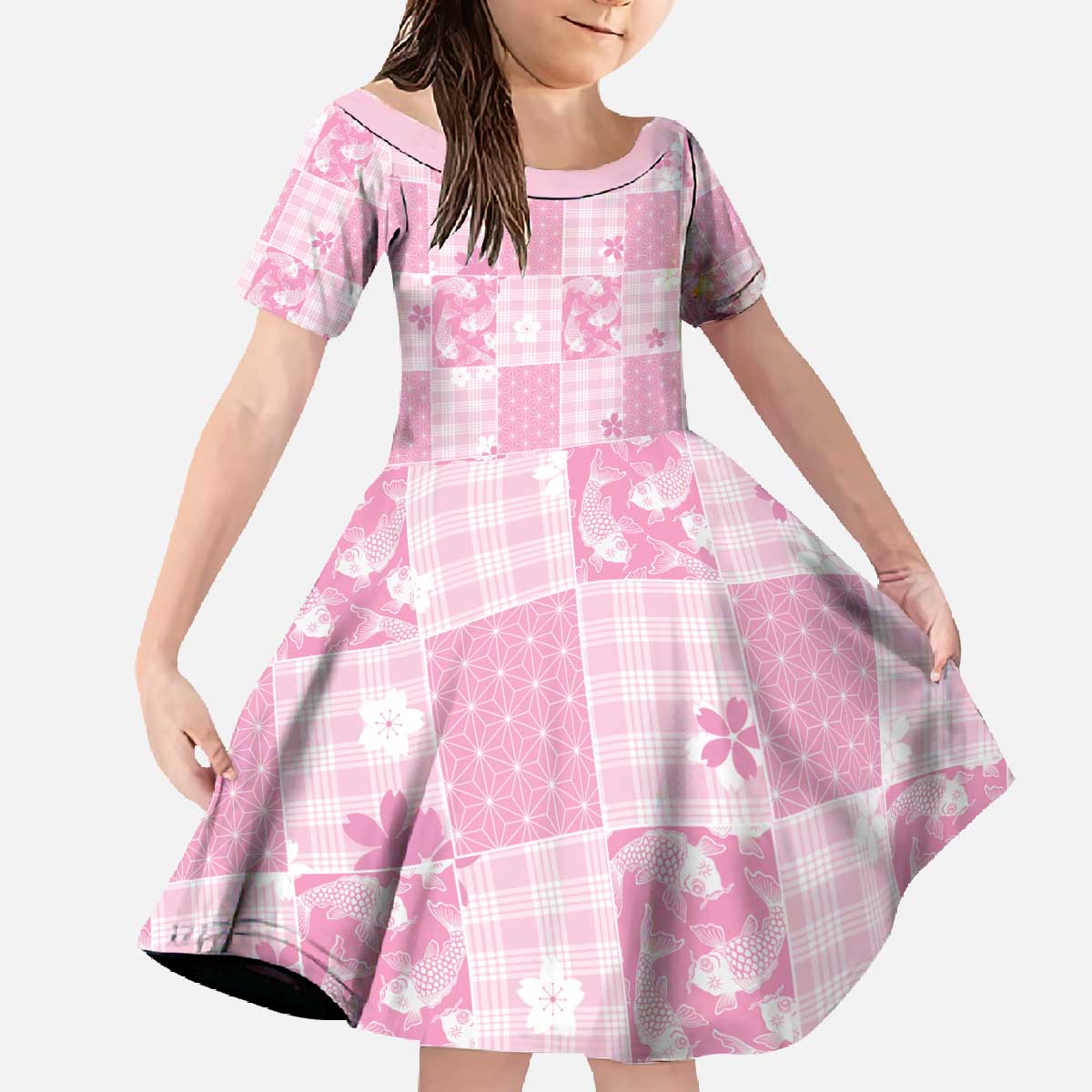 Pink Palaka Japanese Patterns Family Matching Off The Shoulder Long Sleeve Dress and Hawaiian Shirt Koi Fish Asanoha Sakura Patchwork Stylized - Polynesian Pride