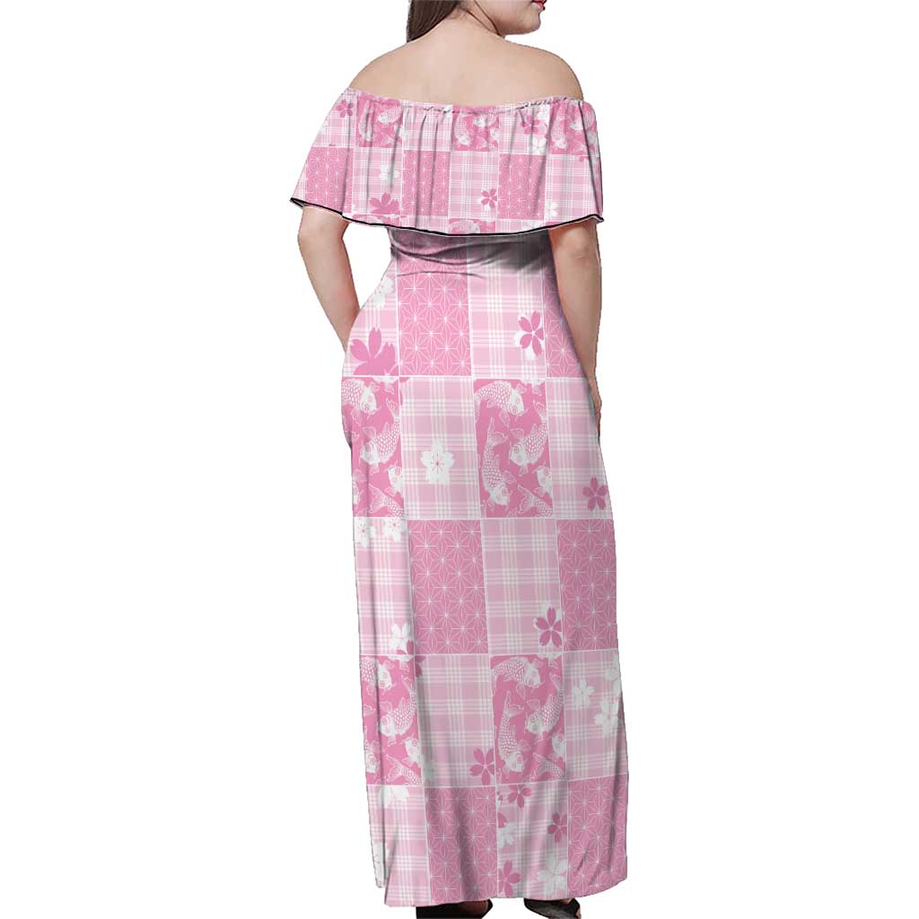 Pink Palaka Japanese Patterns Family Matching Off Shoulder Maxi Dress and Hawaiian Shirt Koi Fish Asanoha Sakura Patchwork Stylized - Polynesian Pride