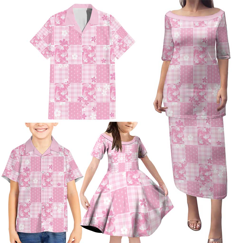 Pink Palaka Japanese Patterns Family Matching Puletasi and Hawaiian Shirt Koi Fish Asanoha Sakura Patchwork Stylized - Polynesian Pride