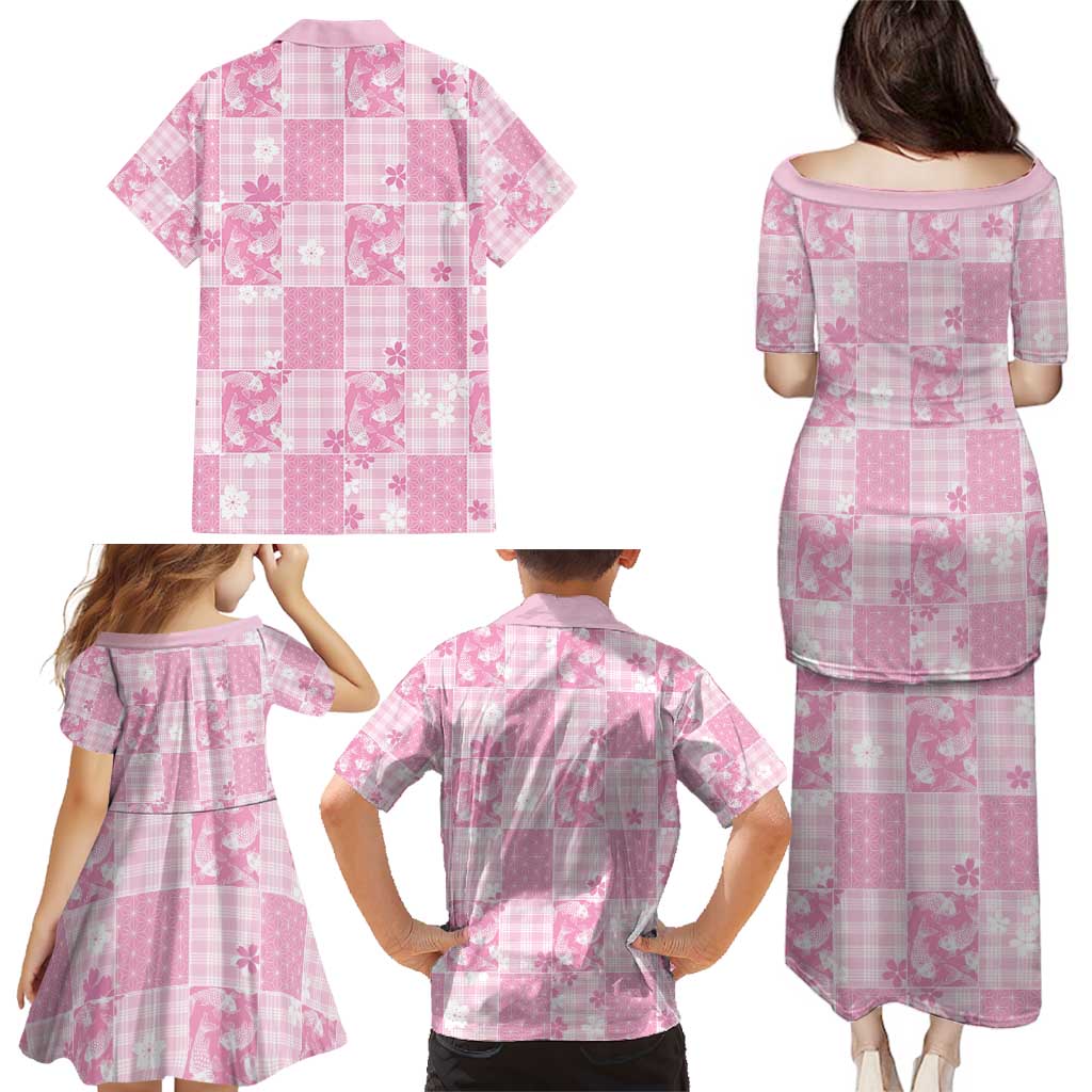 Pink Palaka Japanese Patterns Family Matching Puletasi and Hawaiian Shirt Koi Fish Asanoha Sakura Patchwork Stylized - Polynesian Pride