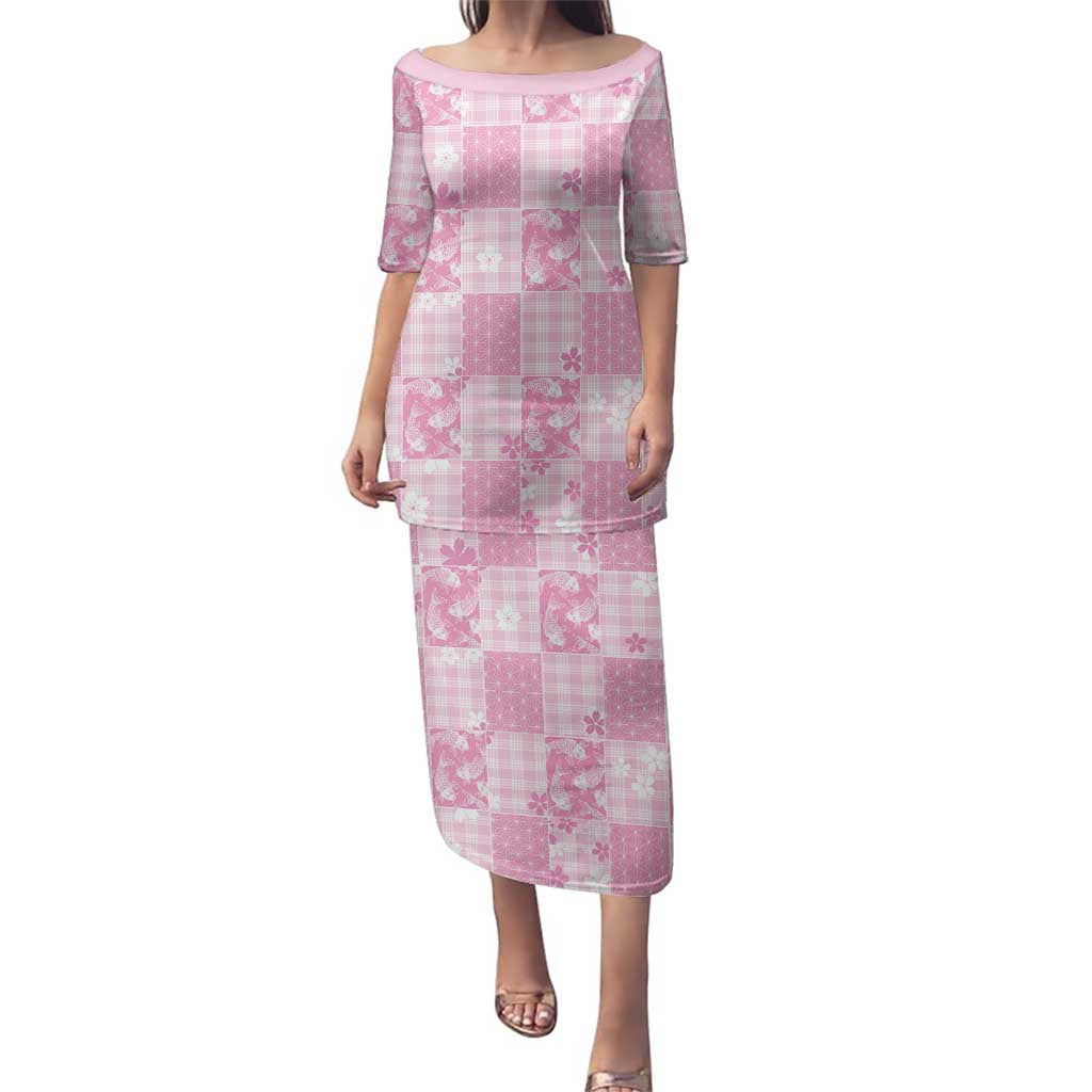 Pink Palaka Japanese Patterns Family Matching Puletasi and Hawaiian Shirt Koi Fish Asanoha Sakura Patchwork Stylized - Polynesian Pride