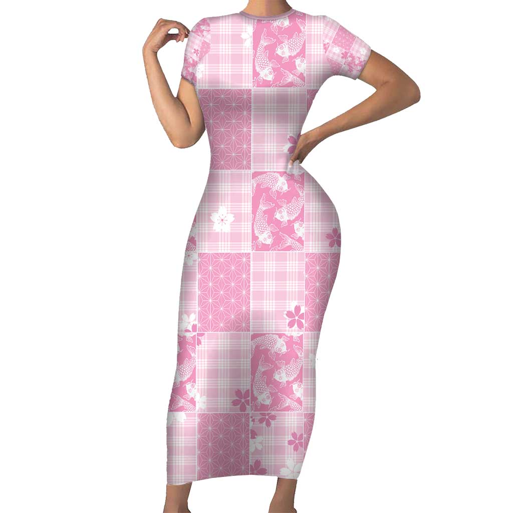 Pink Palaka Japanese Patterns Family Matching Short Sleeve Bodycon Dress and Hawaiian Shirt Koi Fish Asanoha Sakura Patchwork Stylized - Polynesian Pride