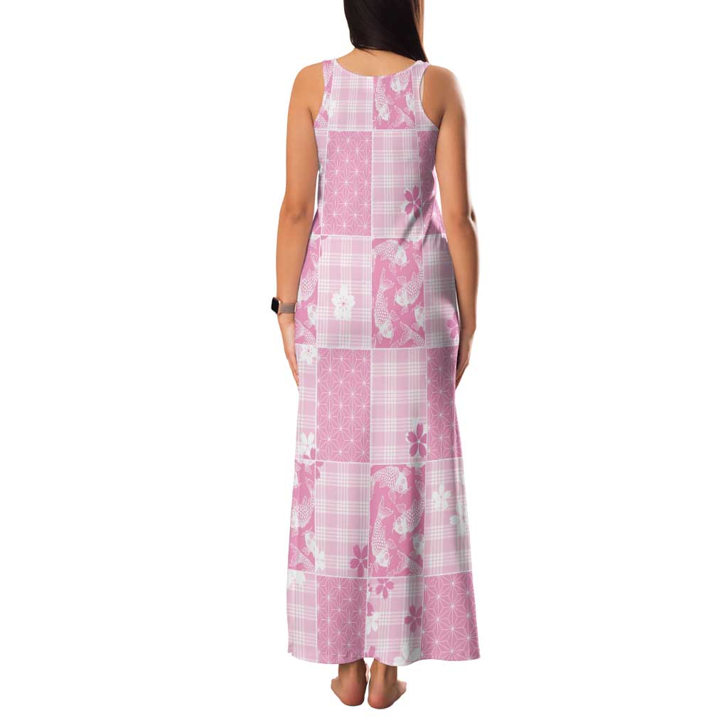 Pink Palaka Japanese Patterns Family Matching Tank Maxi Dress and Hawaiian Shirt Koi Fish Asanoha Sakura Patchwork Stylized - Polynesian Pride