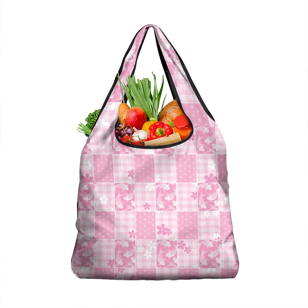 Pink Palaka Japanese Patterns Grocery Bag Koi Fish Asanoha Sakura Patchwork Stylized - Polynesian Pride
