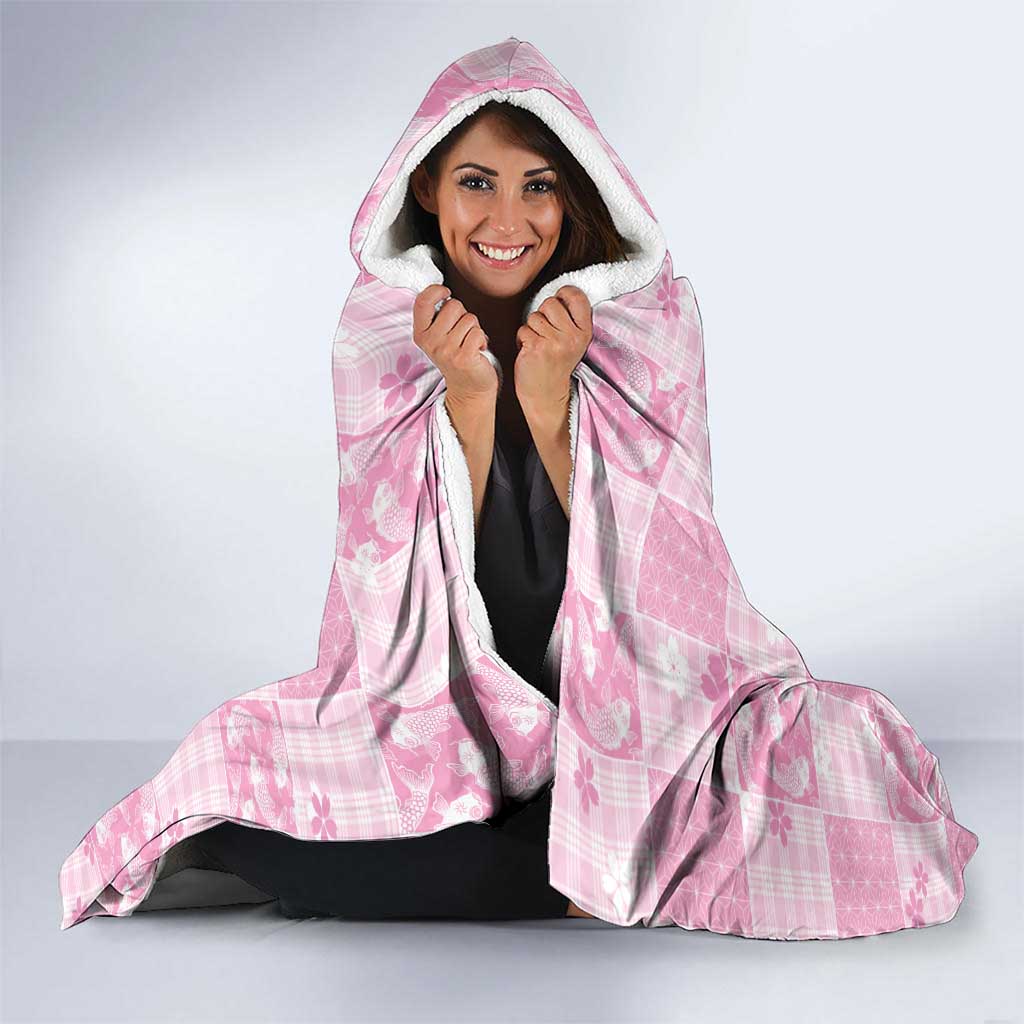 Pink Palaka Japanese Patterns Hooded Blanket Koi Fish Asanoha Sakura Patchwork Stylized - Polynesian Pride