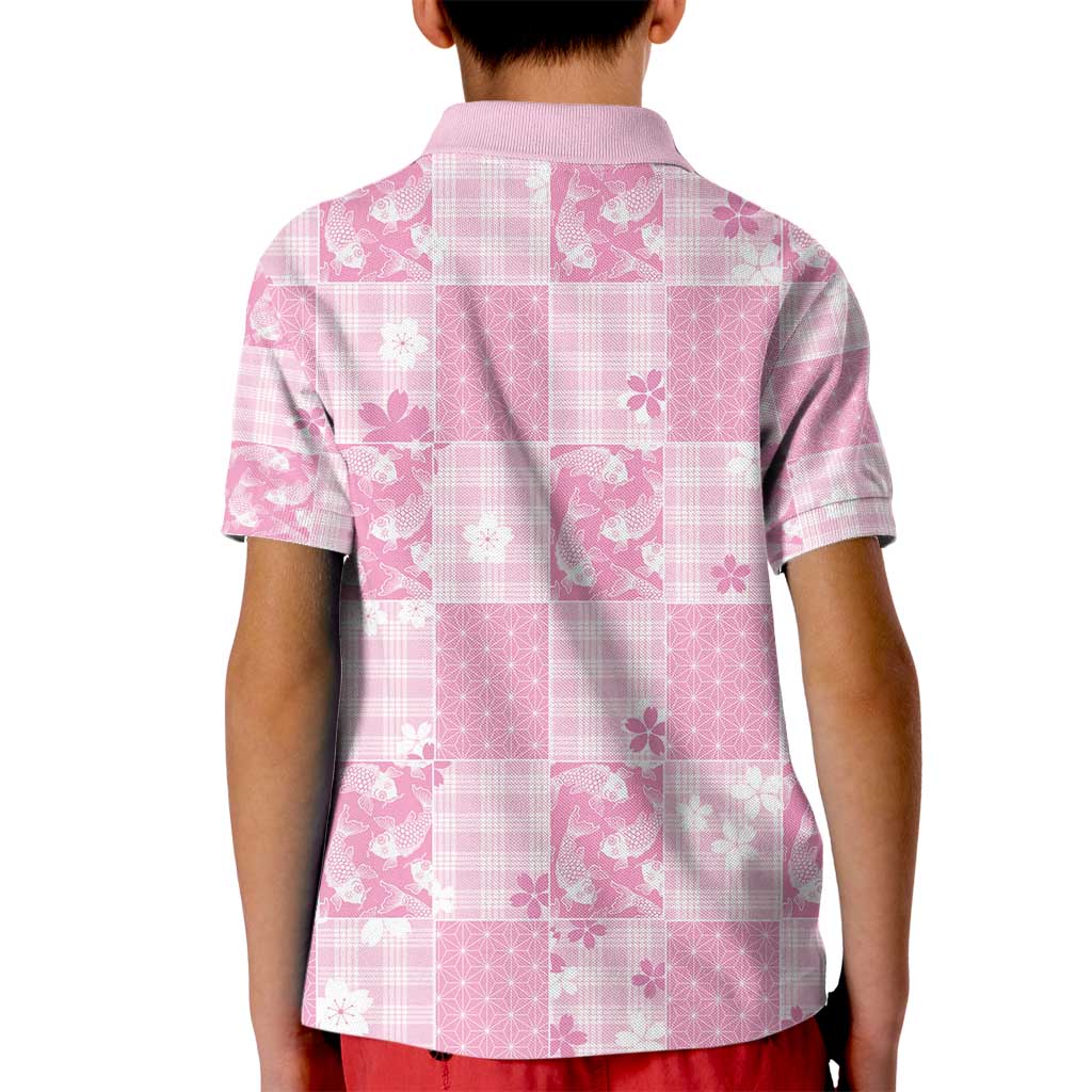 Pink Palaka Japanese Patterns Kid Polo Shirt Koi Fish Asanoha Sakura Patchwork Stylized - Polynesian Pride