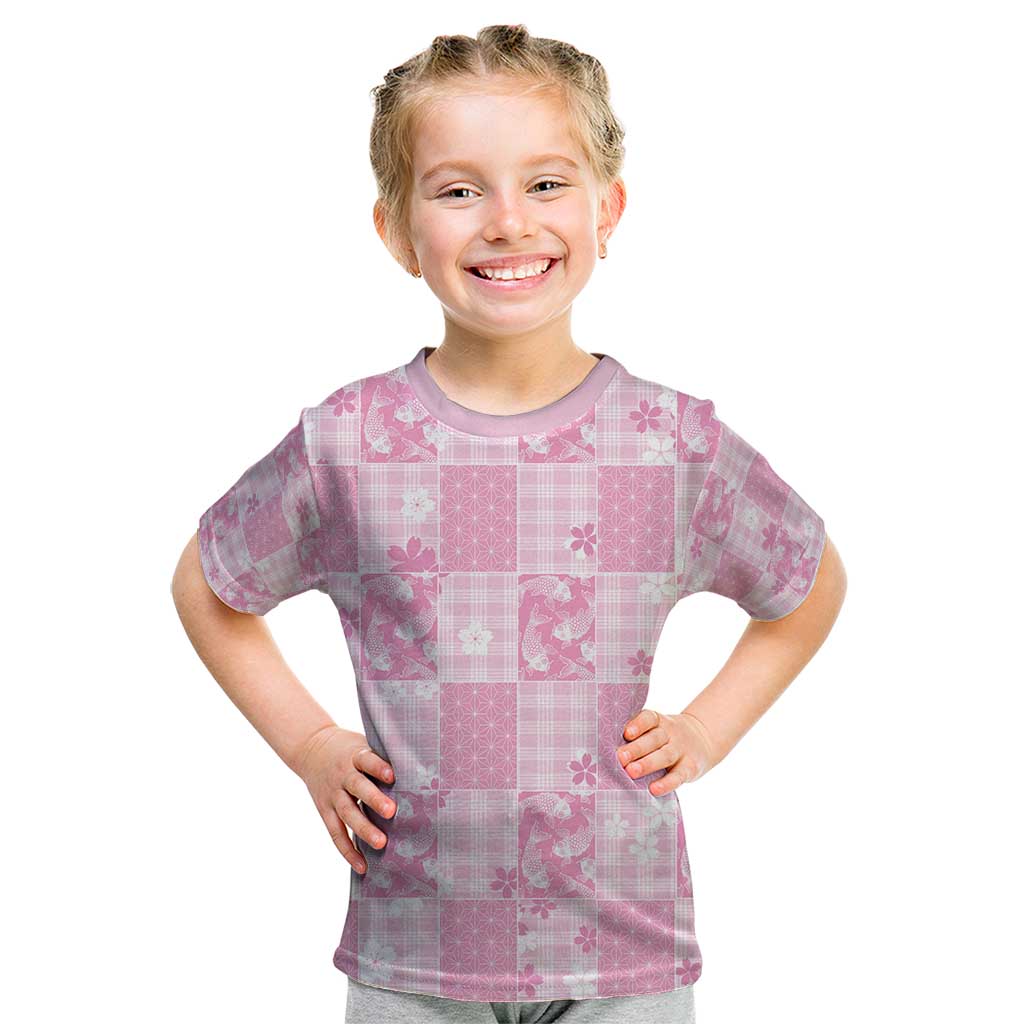 Pink Palaka Japanese Patterns Kid T Shirt Koi Fish Asanoha Sakura Patchwork Stylized - Polynesian Pride