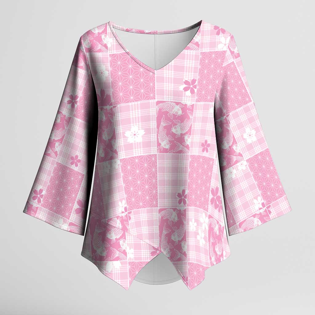 Pink Palaka Japanese Patterns Kimono Sleeve Blouse Koi Fish Asanoha Sakura Patchwork Stylized - Polynesian Pride