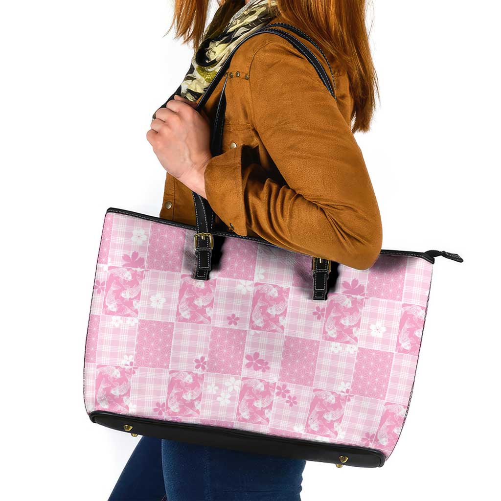 Pink Palaka Japanese Patterns Leather Tote Bag Koi Fish Asanoha Sakura Patchwork Stylized LT14 Pink - Polynesian Pride
