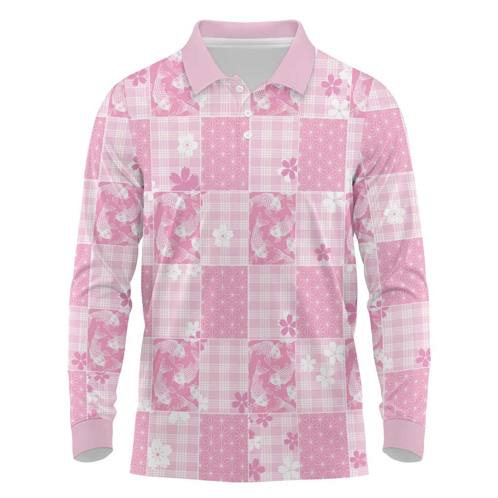 Pink Palaka Japanese Patterns Long Sleeve Polo Shirt Koi Fish Asanoha Sakura Patchwork Stylized - Polynesian Pride