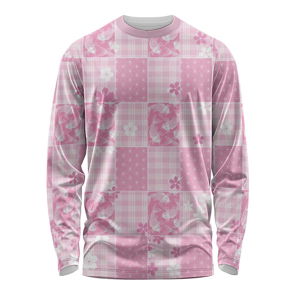 Pink Palaka Japanese Patterns Long Sleeve Shirt Koi Fish Asanoha Sakura Patchwork Stylized LT14 Unisex Pink - Polynesian Pride