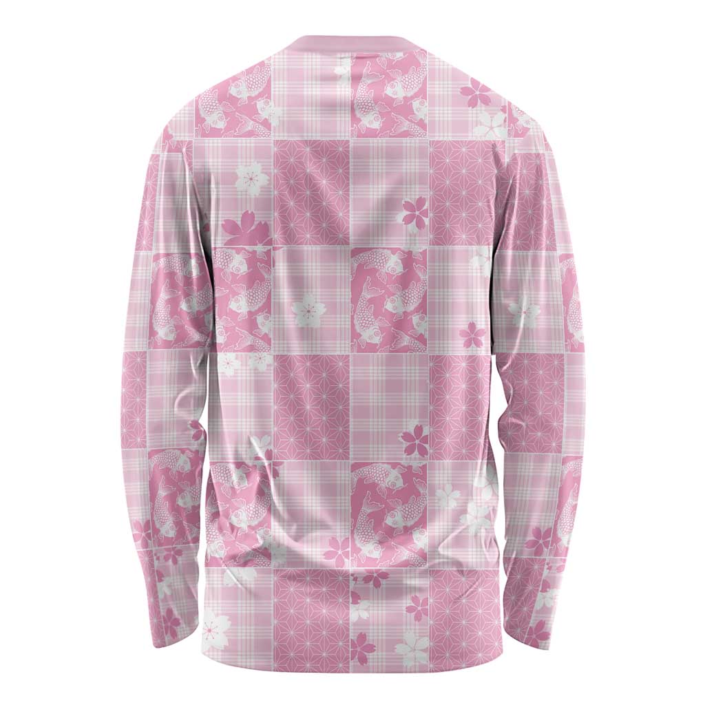 Pink Palaka Japanese Patterns Long Sleeve Shirt Koi Fish Asanoha Sakura Patchwork Stylized - Polynesian Pride