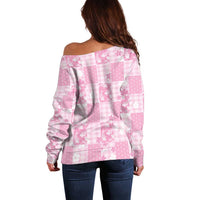 Pink Palaka Japanese Patterns Off Shoulder Sweater Koi Fish Asanoha Sakura Patchwork Stylized - Polynesian Pride