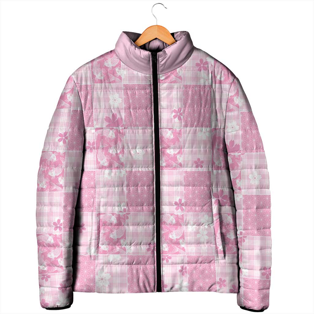 Pink Palaka Japanese Patterns Padded Jacket Koi Fish Asanoha Sakura Patchwork Stylized - Polynesian Pride
