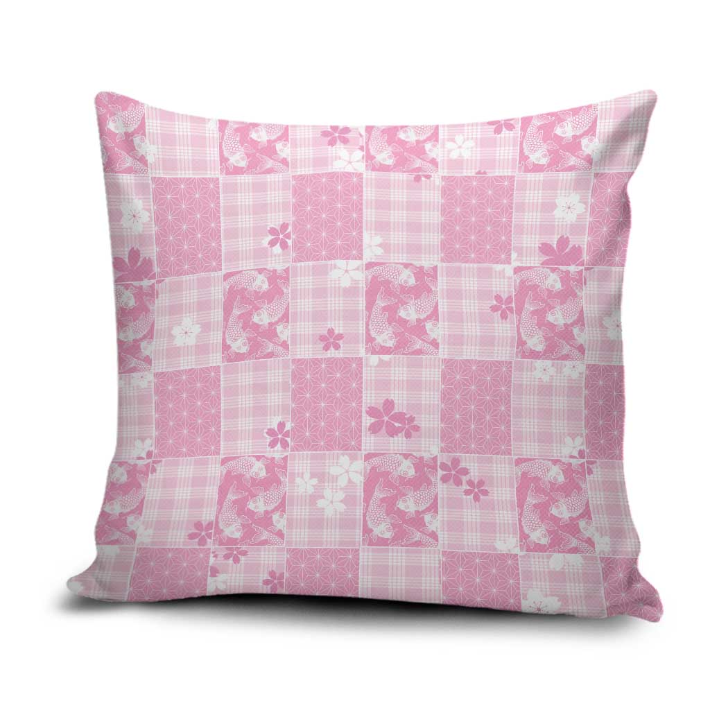 Pink Palaka Japanese Patterns Pillow Cover Koi Fish Asanoha Sakura Patchwork Stylized - Polynesian Pride
