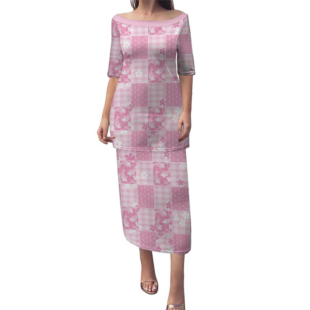 Pink Palaka Japanese Patterns Puletasi Koi Fish Asanoha Sakura Patchwork Stylized - Polynesian Pride
