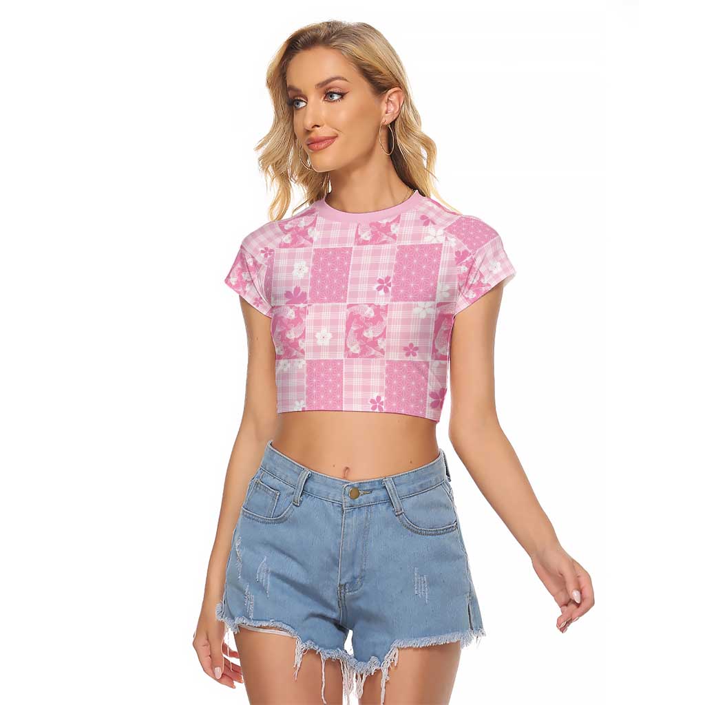 Pink Palaka Japanese Patterns Raglan Cropped T Shirt Koi Fish Asanoha Sakura Patchwork Stylized LT14 Female Pink - Polynesian Pride