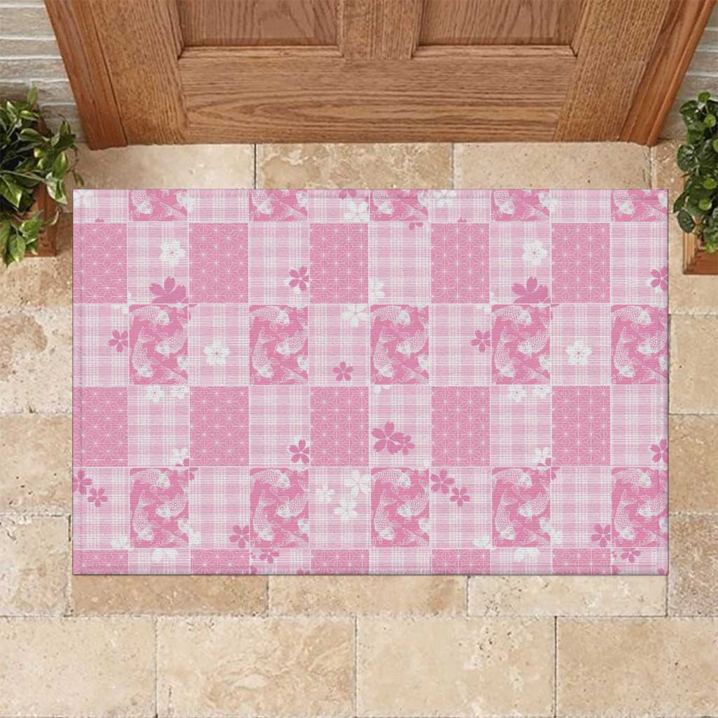 Pink Palaka Japanese Patterns Rubber Doormat Koi Fish Asanoha Sakura Patchwork Stylized - Polynesian Pride