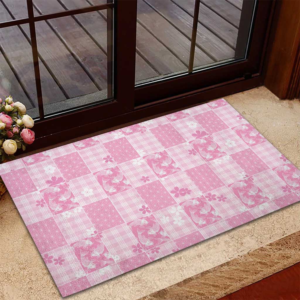 Pink Palaka Japanese Patterns Rubber Doormat Koi Fish Asanoha Sakura Patchwork Stylized - Polynesian Pride