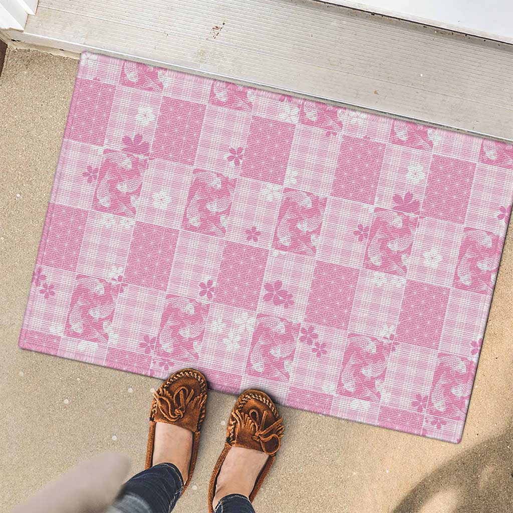 Pink Palaka Japanese Patterns Rubber Doormat Koi Fish Asanoha Sakura Patchwork Stylized - Polynesian Pride