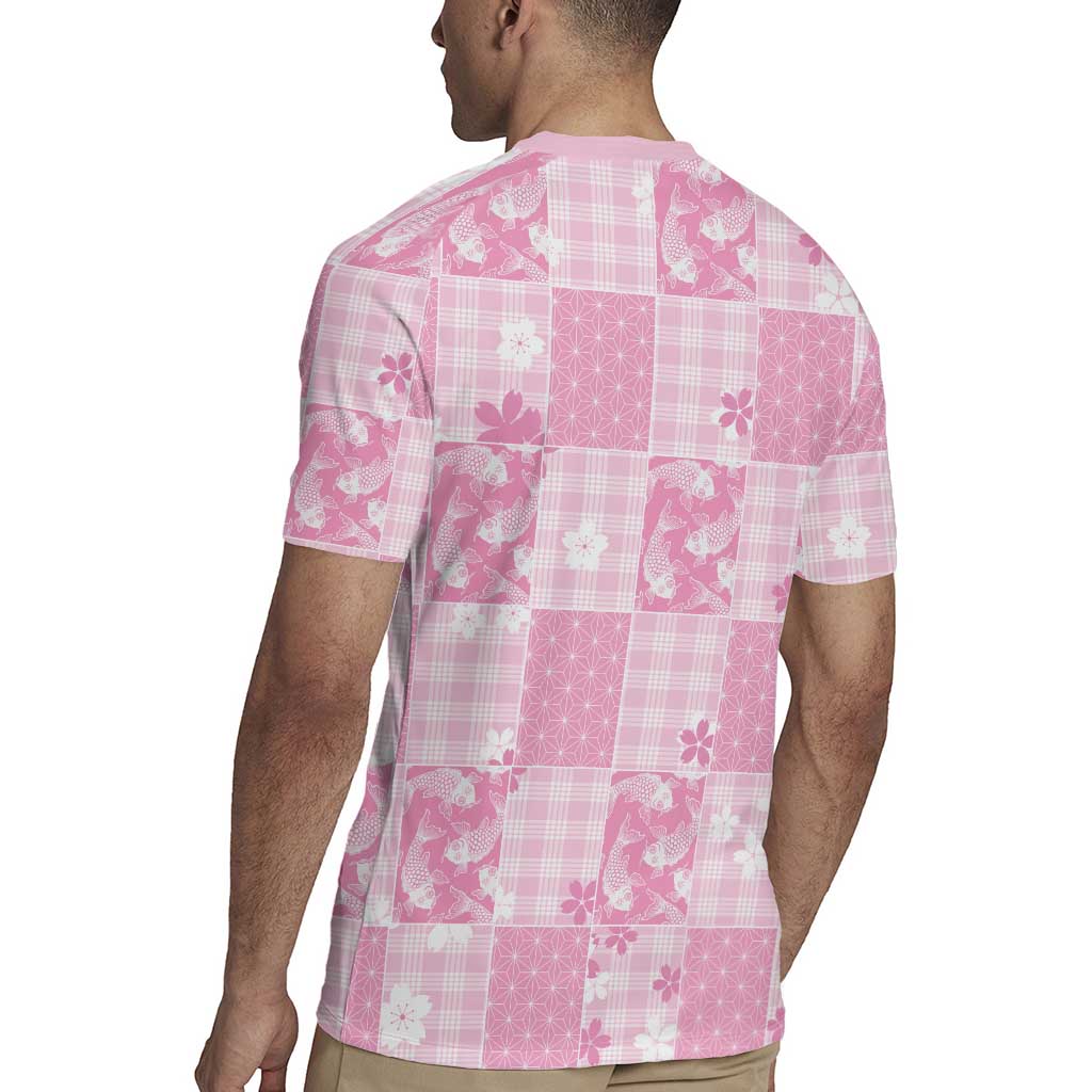Pink Palaka Japanese Patterns Rugby Jersey Koi Fish Asanoha Sakura Patchwork Stylized - Polynesian Pride