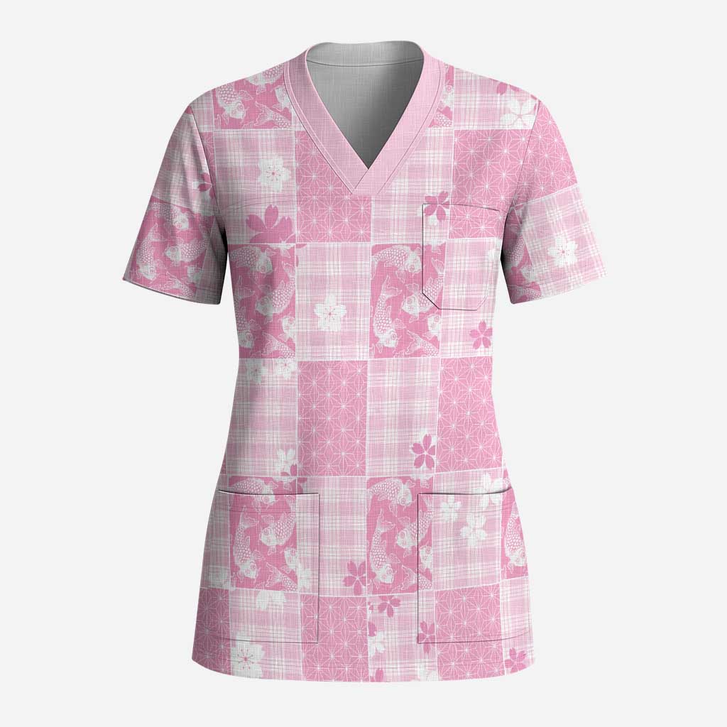 Pink Palaka Japanese Patterns Scrub Top Koi Fish Asanoha Sakura Patchwork Stylized LT14 Adult Pink - Polynesian Pride