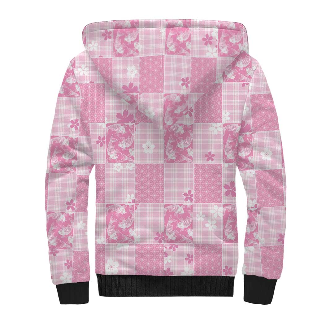 Pink Palaka Japanese Patterns Sherpa Hoodie Koi Fish Asanoha Sakura Patchwork Stylized - Polynesian Pride