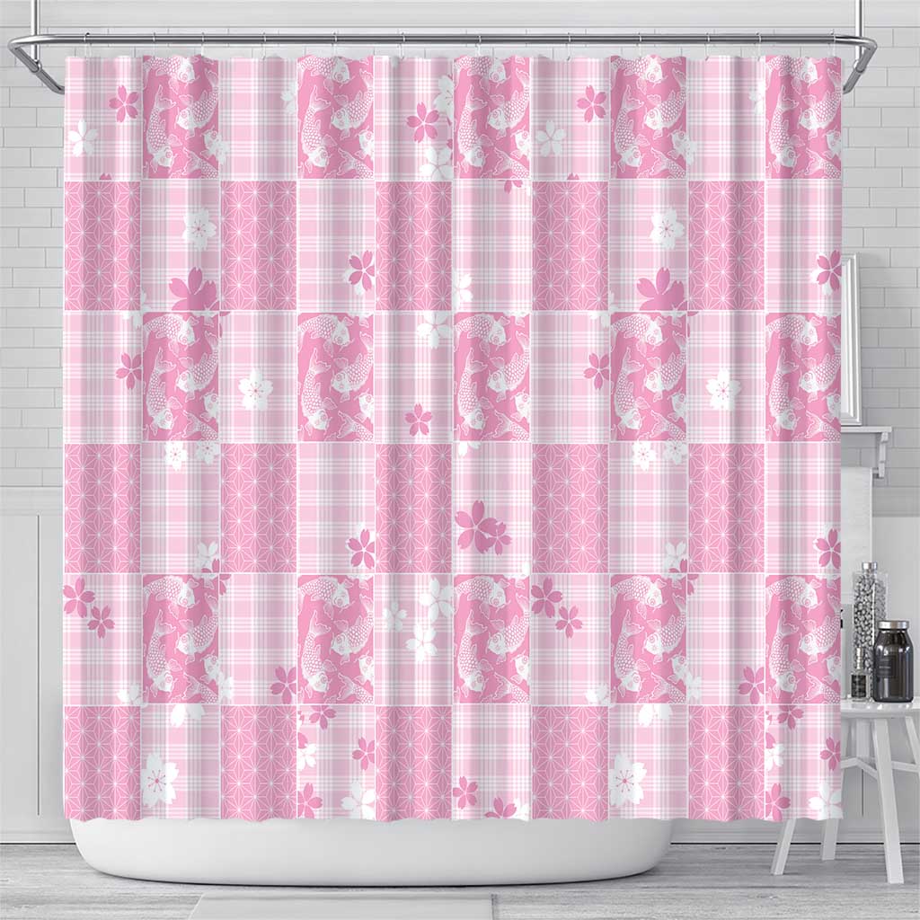 Pink Palaka Japanese Patterns Shower Curtain Koi Fish Asanoha Sakura Patchwork Stylized - Polynesian Pride