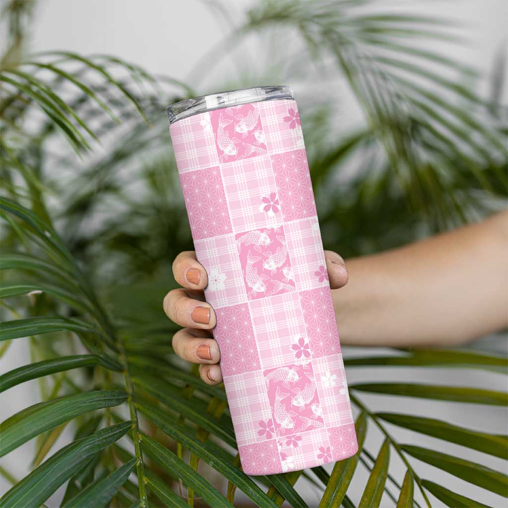 Pink Palaka Japanese Patterns Skinny Tumbler Koi Fish Asanoha Sakura Patchwork Stylized - Polynesian Pride