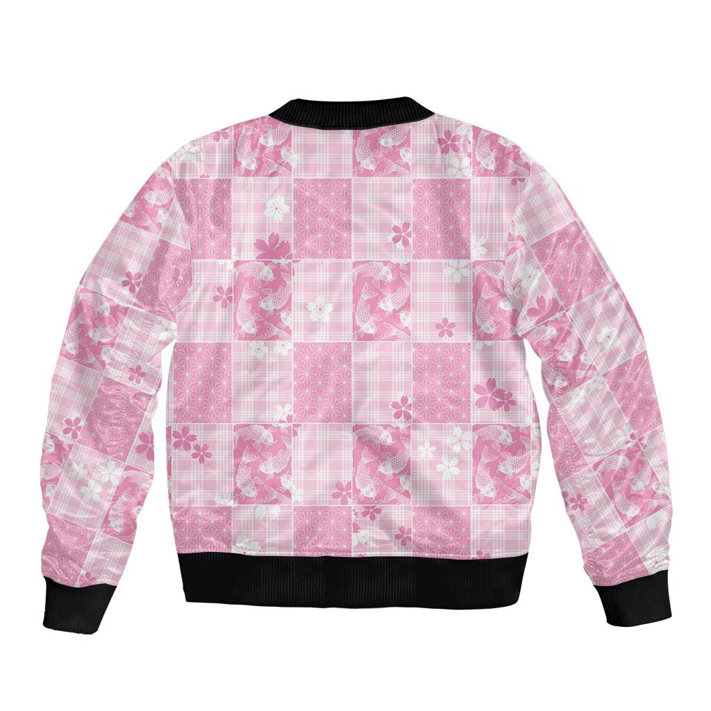 Pink Palaka Japanese Patterns Sleeve Zip Bomber Jacket Koi Fish Asanoha Sakura Patchwork Stylized - Polynesian Pride