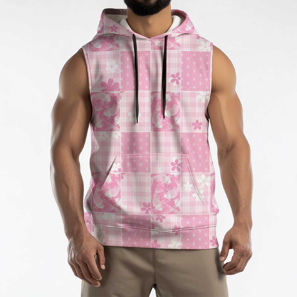 Pink Palaka Japanese Patterns Sleeveless Hoodie Koi Fish Asanoha Sakura Patchwork Stylized LT14 - Polynesian Pride