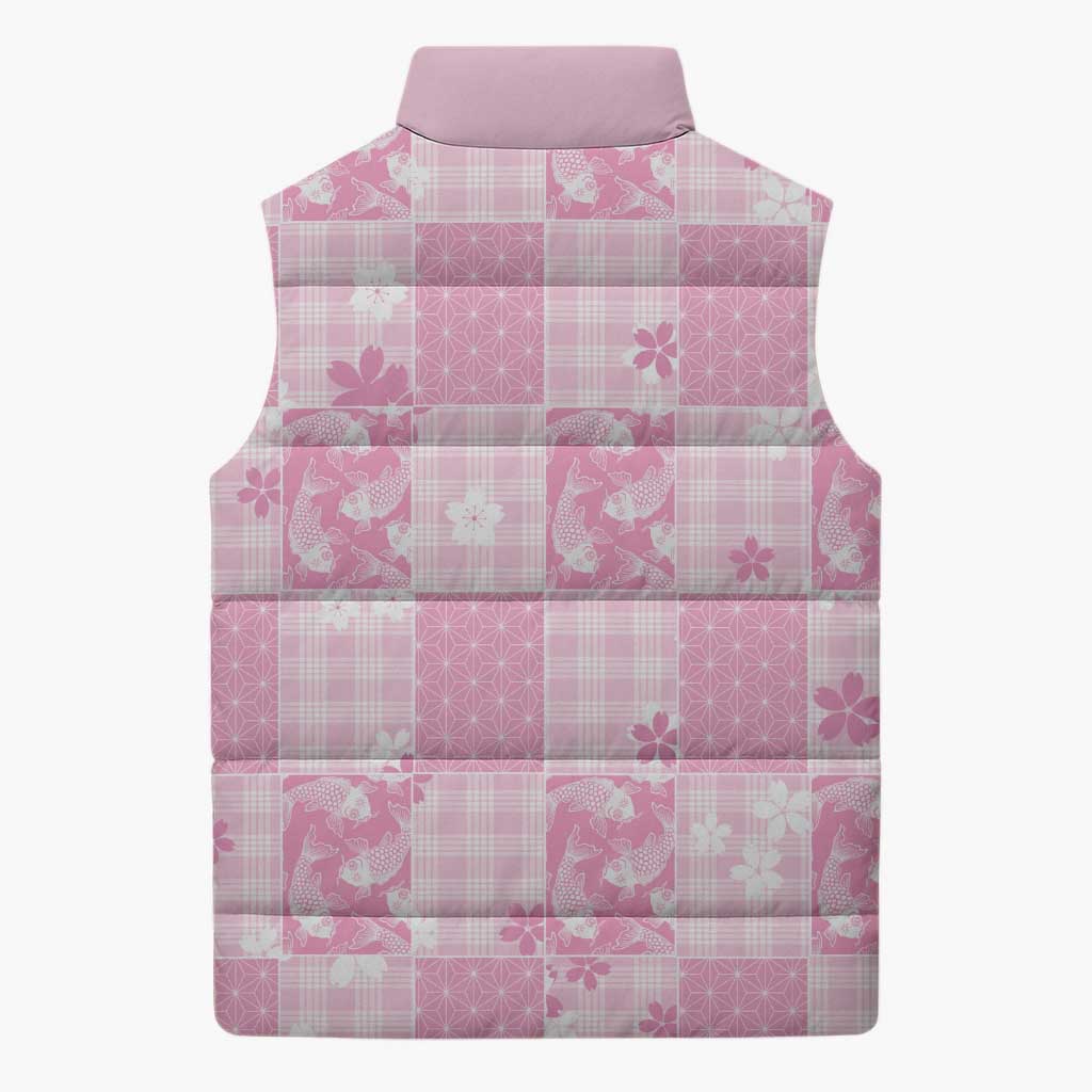 Pink Palaka Japanese Patterns Sleeveless Puffer Jacket Koi Fish Asanoha Sakura Patchwork Stylized - Polynesian Pride