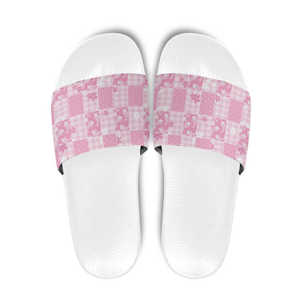 Pink Palaka Japanese Patterns Slide Sandals Koi Fish Asanoha Sakura Patchwork Stylized - Polynesian Pride