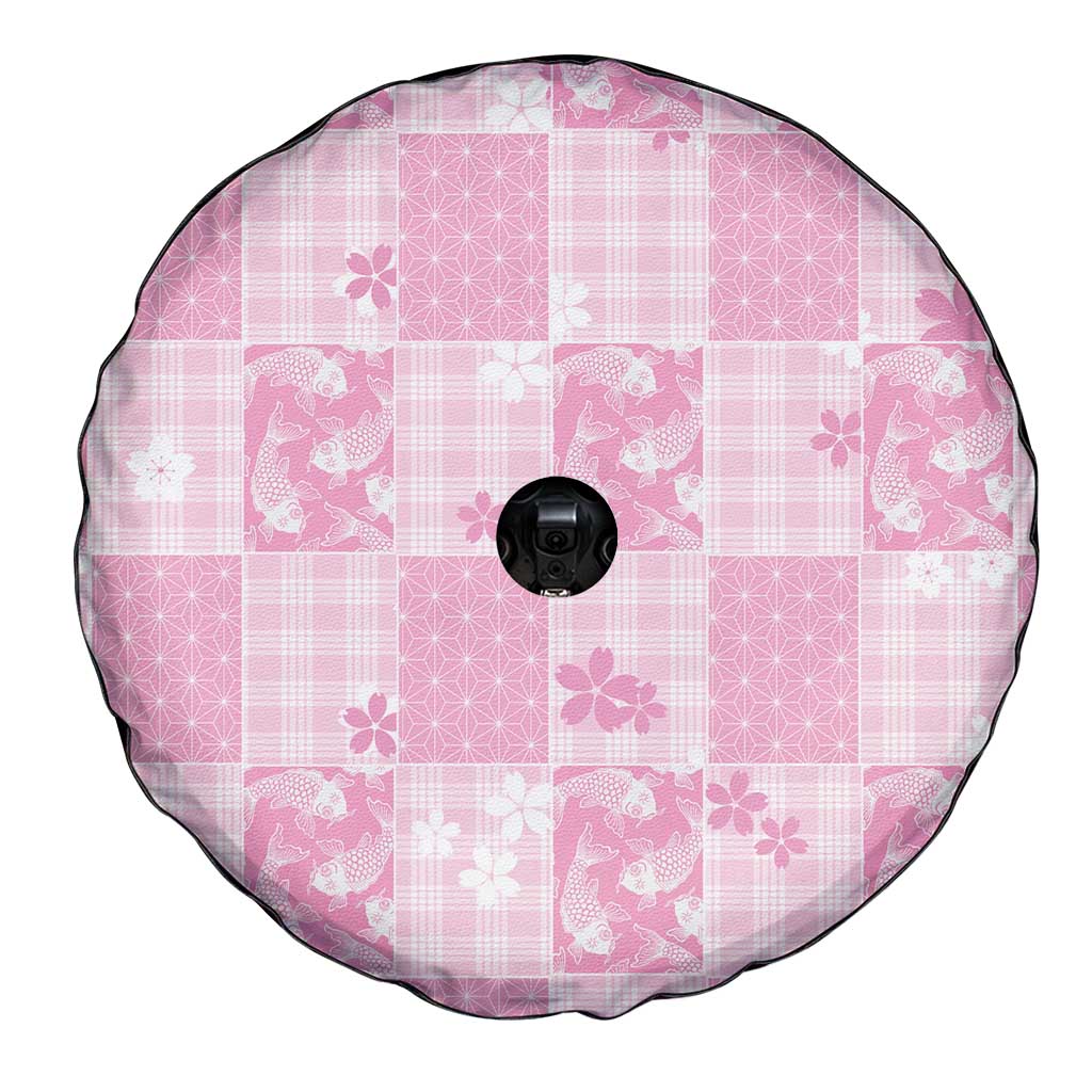 Pink Palaka Japanese Patterns Spare Tire Cover Koi Fish Asanoha Sakura Patchwork Stylized - Polynesian Pride