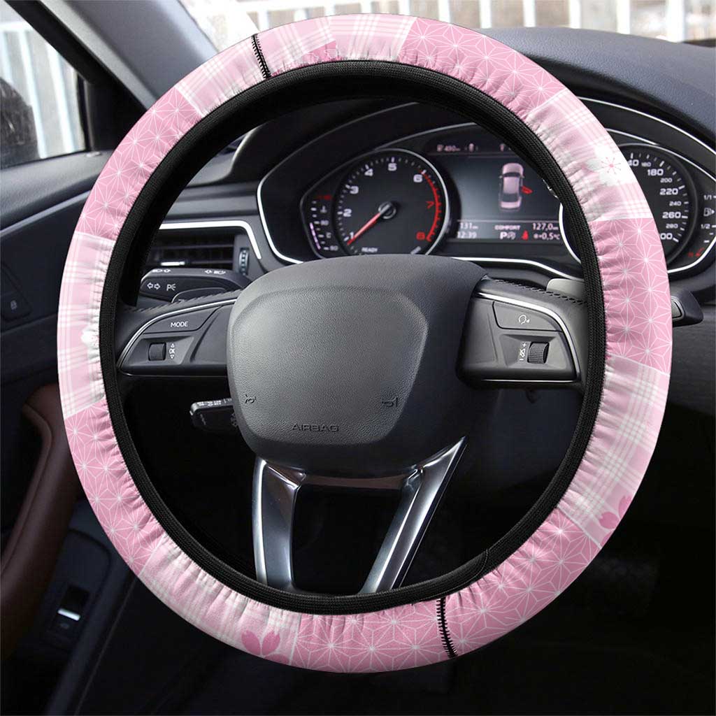 Pink Palaka Japanese Patterns Steering Wheel Cover Koi Fish Asanoha Sakura Patchwork Stylized - Polynesian Pride