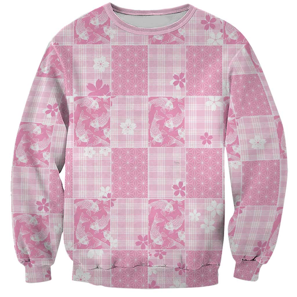 Pink Palaka Japanese Patterns Sweatshirt Koi Fish Asanoha Sakura Patchwork Stylized LT14 Unisex Pink - Polynesian Pride