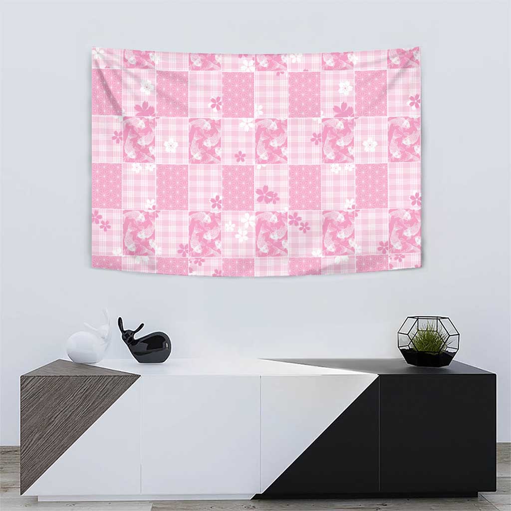 Pink Palaka Japanese Patterns Tapestry Koi Fish Asanoha Sakura Patchwork Stylized - Polynesian Pride