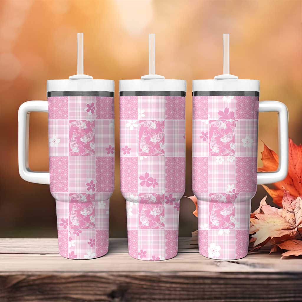 Pink Palaka Japanese Patterns Tumbler With Handle Koi Fish Asanoha Sakura Patchwork Stylized - Polynesian Pride