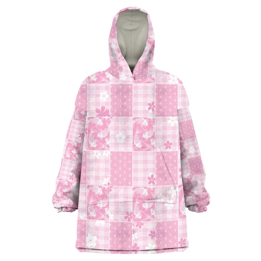 Pink Palaka Japanese Patterns Wearable Blanket Hoodie Koi Fish Asanoha Sakura Patchwork Stylized LT14 One Size Pink - Polynesian Pride