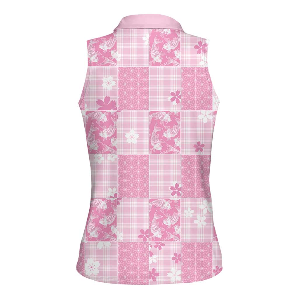 Pink Palaka Japanese Patterns Women Sleeveless Polo Shirt Koi Fish Asanoha Sakura Patchwork Stylized - Polynesian Pride