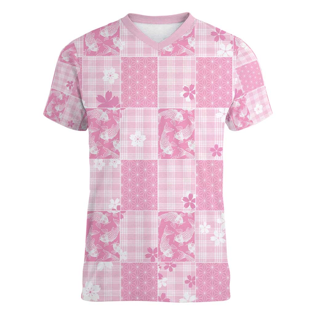 Pink Palaka Japanese Patterns Women V-Neck T-Shirt Koi Fish Asanoha Sakura Patchwork Stylized LT14 Female Pink - Polynesian Pride