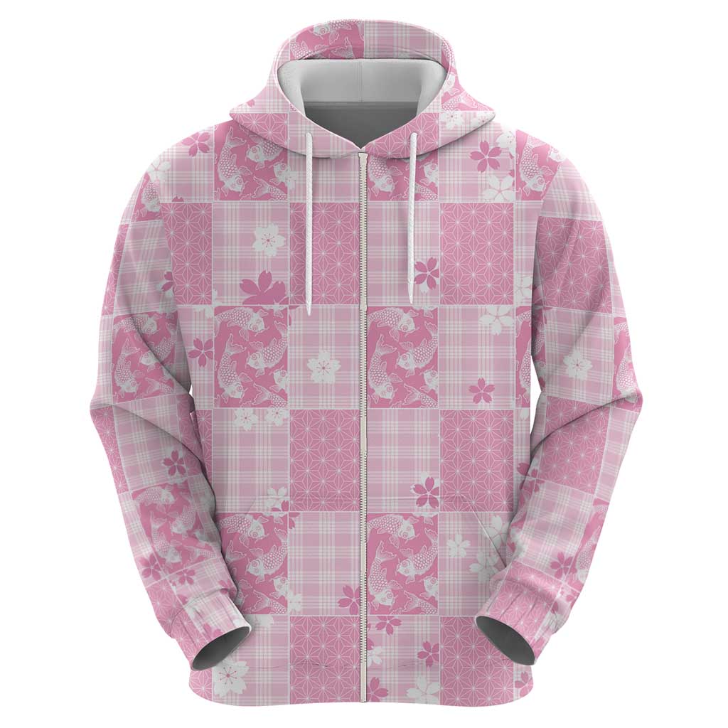 Pink Palaka Japanese Patterns Zip Hoodie Koi Fish Asanoha Sakura Patchwork Stylized - Polynesian Pride