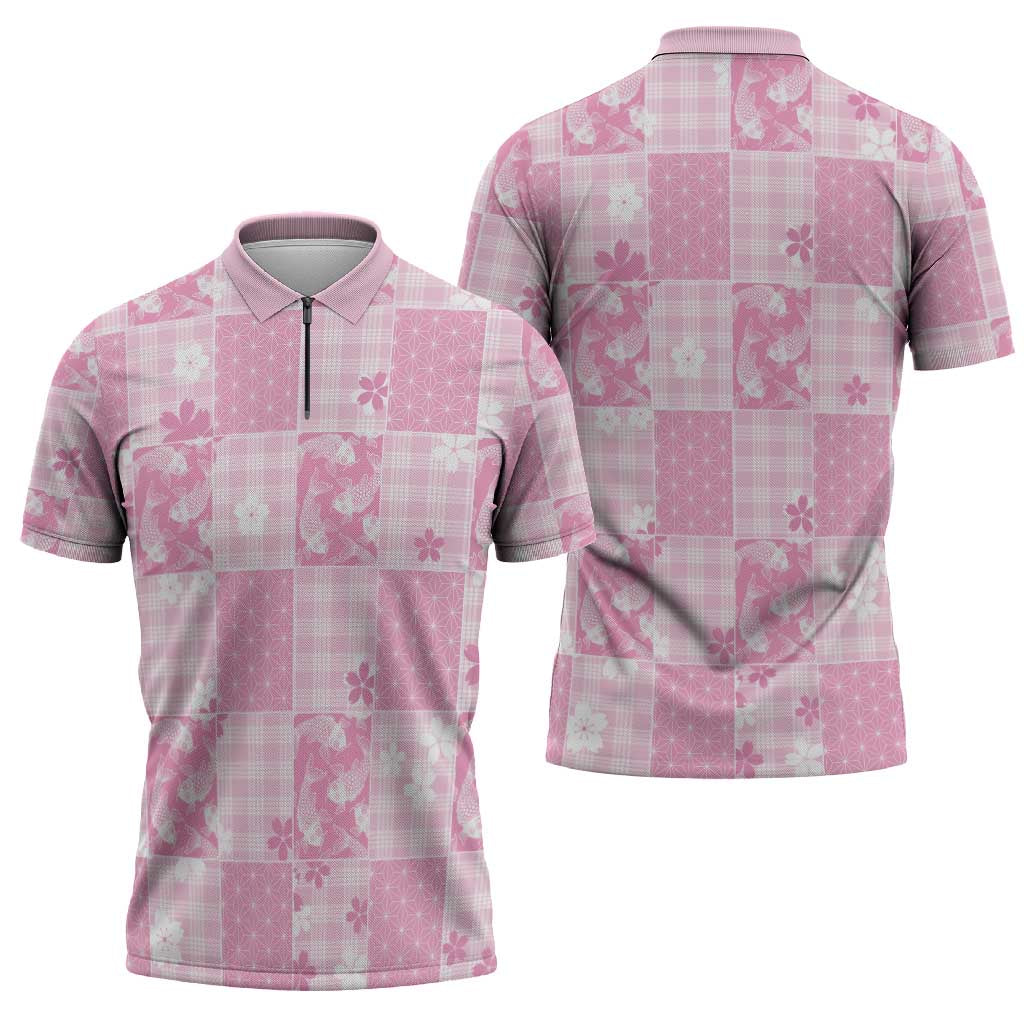 Pink Palaka Japanese Patterns Zipper Polo Shirt Koi Fish Asanoha Sakura Patchwork Stylized - Polynesian Pride