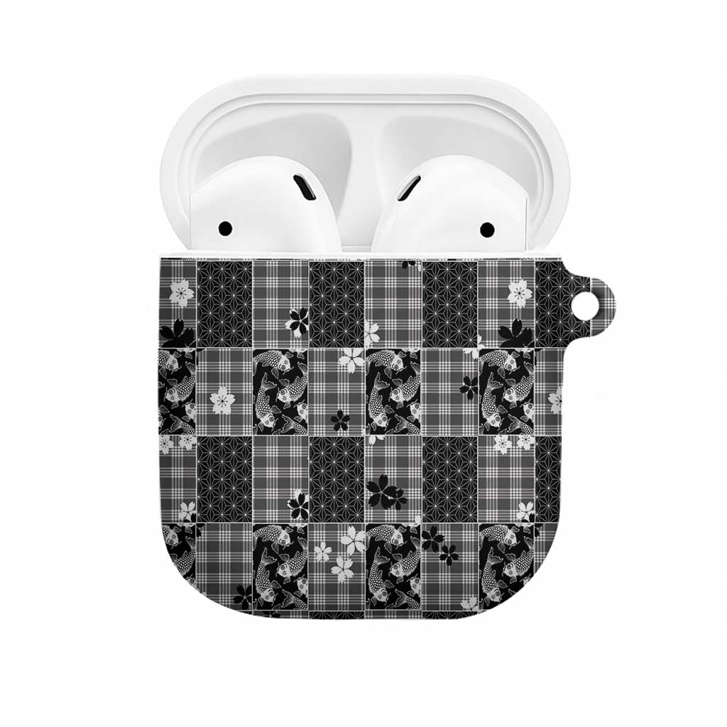 Black Palaka Japanese Patterns AirPods Case Koi Fish Asanoha Sakura Patchwork Stylized LT14 Black - Polynesian Pride