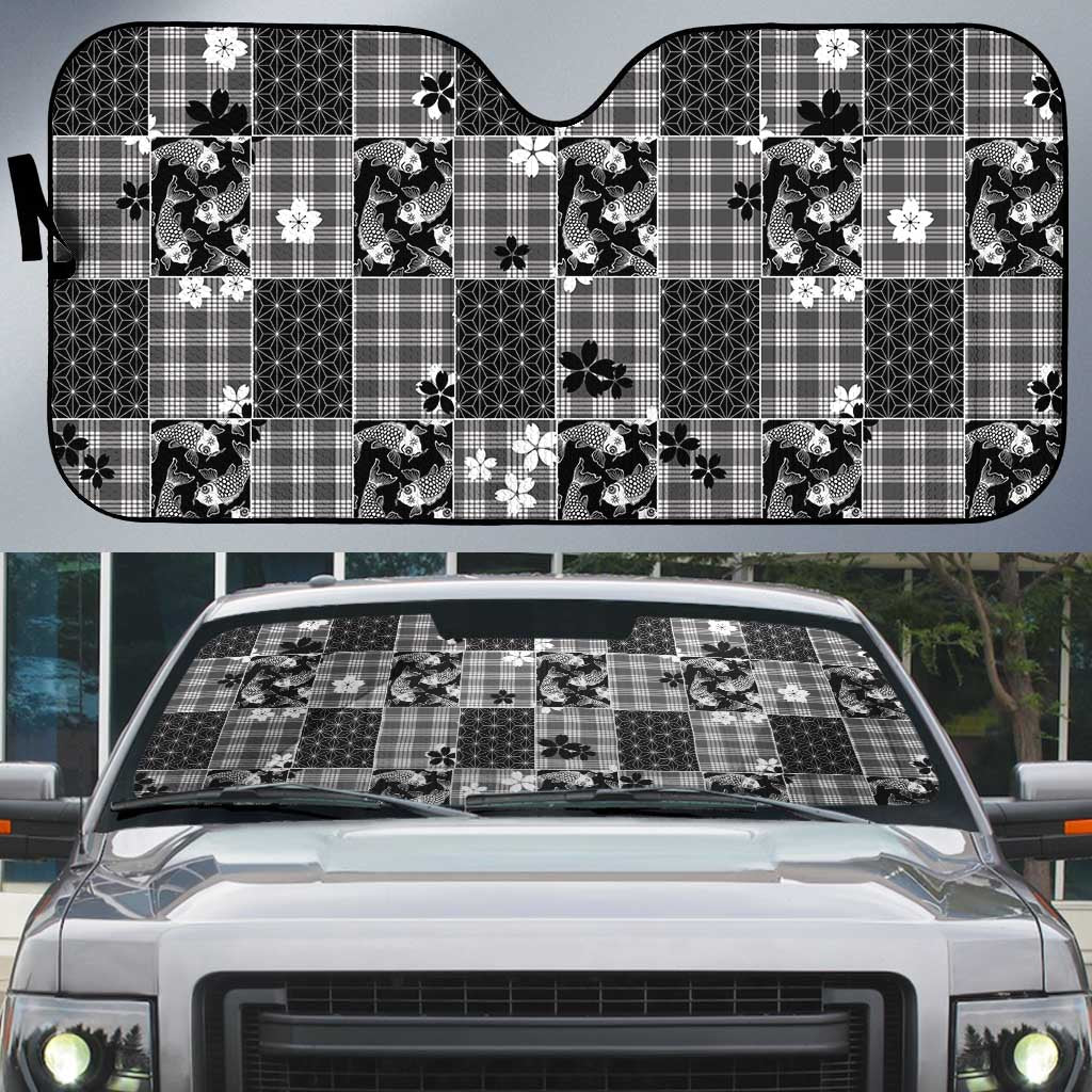Black Palaka Japanese Patterns Auto Sun Shade Koi Fish Asanoha Sakura Patchwork Stylized - Polynesian Pride