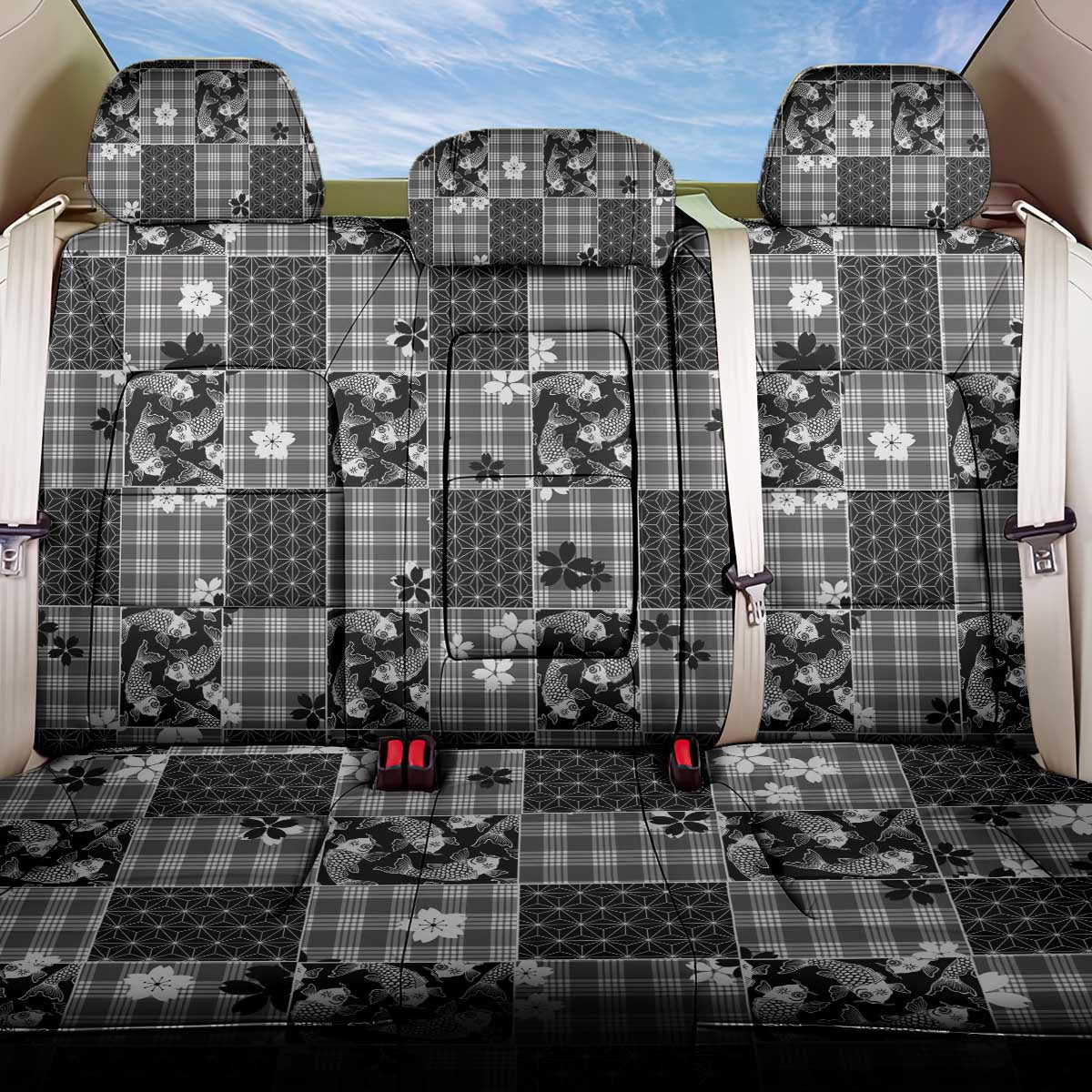 Black Palaka Japanese Patterns Back Car Seat Cover Koi Fish Asanoha Sakura Patchwork Stylized - Polynesian Pride