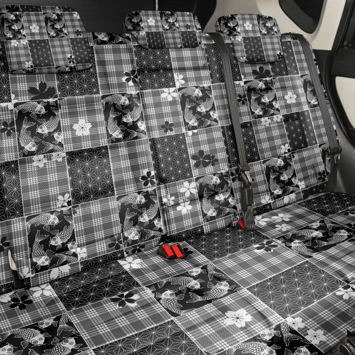 Black Palaka Japanese Patterns Back Car Seat Cover Koi Fish Asanoha Sakura Patchwork Stylized - Polynesian Pride