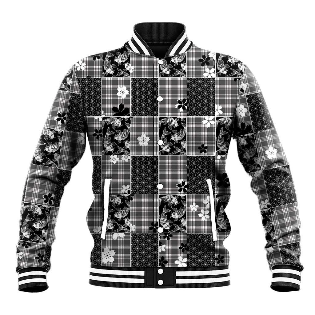 Black Palaka Japanese Patterns Baseball Jacket Koi Fish Asanoha Sakura Patchwork Stylized - Polynesian Pride